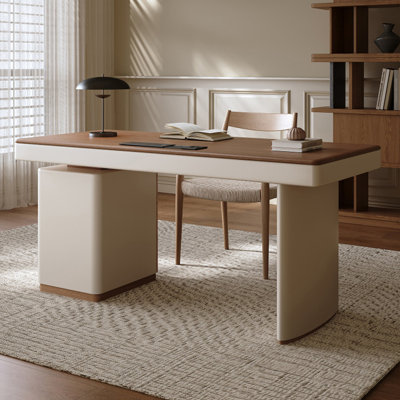 Bureau minimaliste en bois massif 55,12 po de style crème avec armoire de rangement et support cylindrique - table de bureau personnel