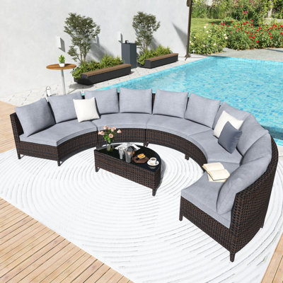5-Piece Curved Outdoor Brown Wicker Sofa Set Patio Sectional Furniture Set Half-Moon Sofa Set&Gray Cushions&Coffee Table With Tempered Glass Top