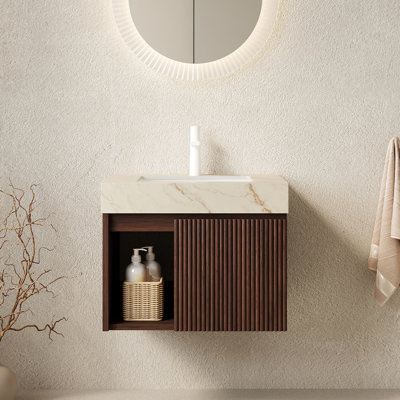 Meuble-lavabo suspendu de 61 cm avec lavabo, dessus en pierre frittée couleur crème veinée or et lavabo en céramique, aspect bois de noyer (robinet et bonde non inclus)