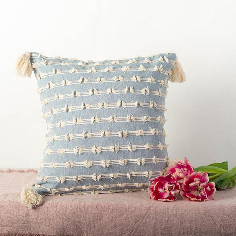 Coussin avec pampilles, Bleu / Crème, Carrée, H 18 po x l 18 po