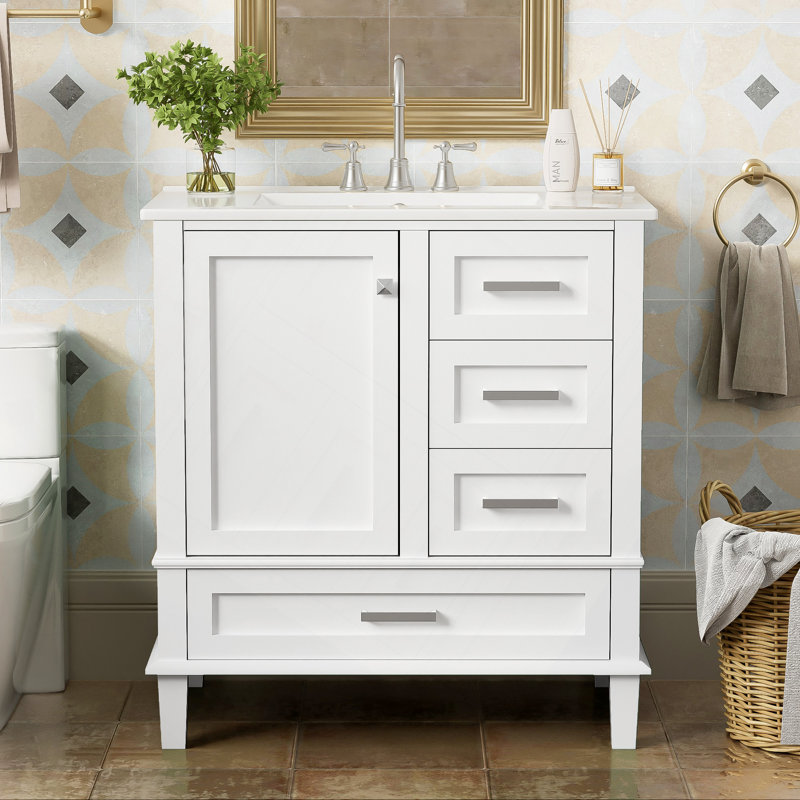 Ensemble de meuble-lavabo moderne avec lavabo 30 po, meuble-lavabo moderne avec porte à fermeture douce et 3 tiroirs, structure en bois massif