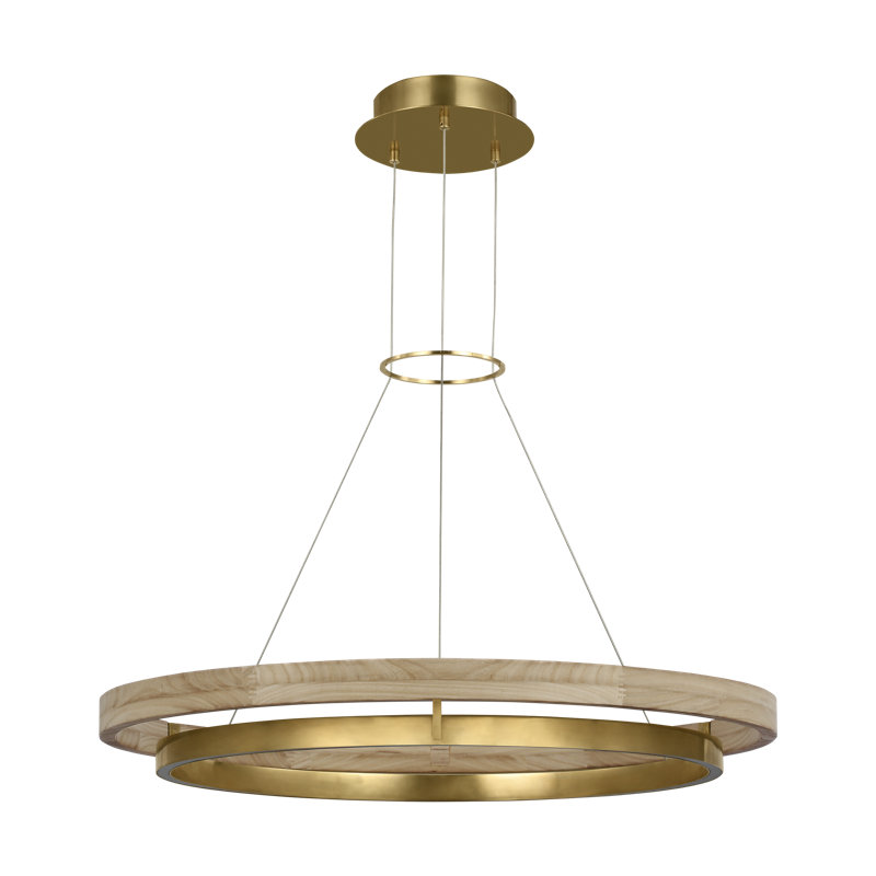 Sean Lavin Grace LED Ring Chandelier in Hand Rubbed Antique Brass/Natural Oak with Wood shade, 149.8" H x 35.8" W x 35.8" D 