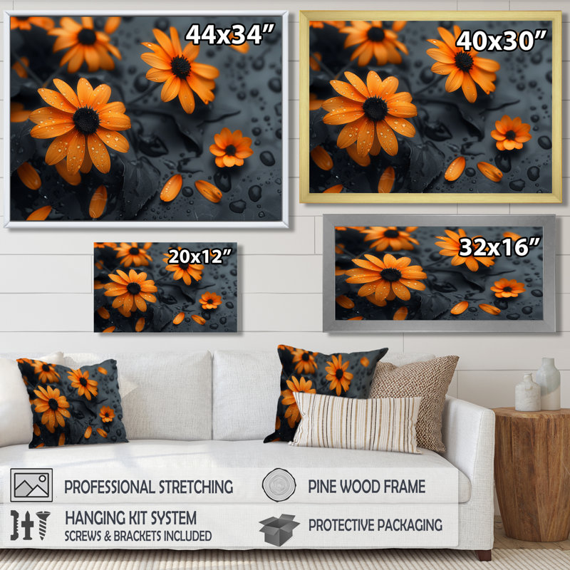 Jaune, jaune, soleil, été, champs de marguerites II - marguerite, art mural, Toile avec cadre flottant brun