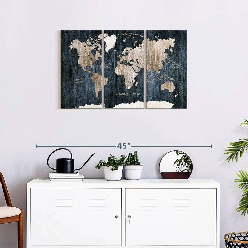 Carte du monde en bois vieilli, ensemble de 3 reproductions sur toiles 3 pièces, H 20 po x l 33 po x P 1,25 po