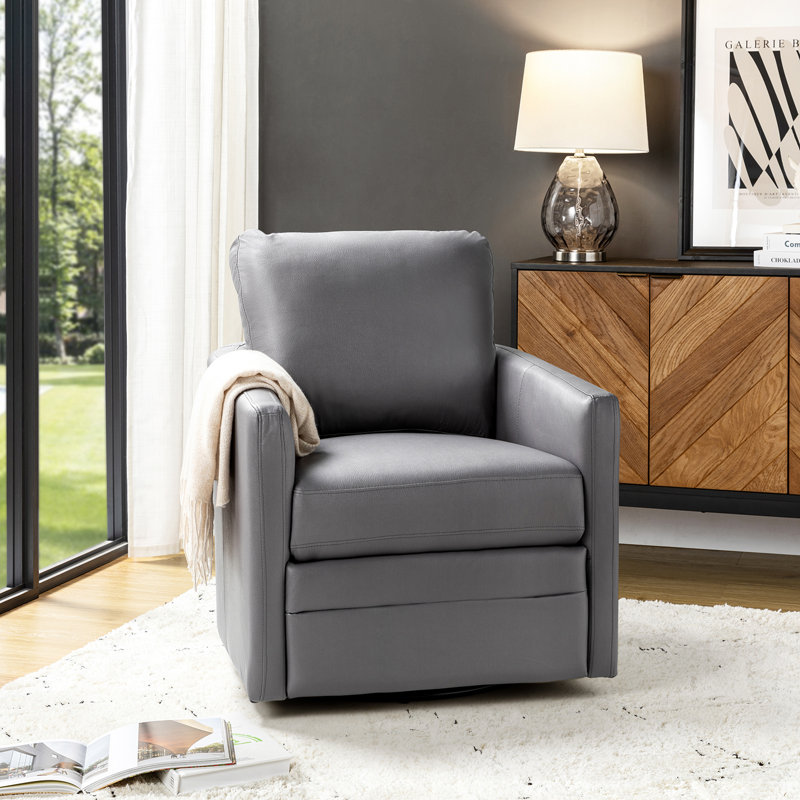 Alfonso Faux Leather Swivel Accent Chair with Removable Cushion, Gray Vegan Leather