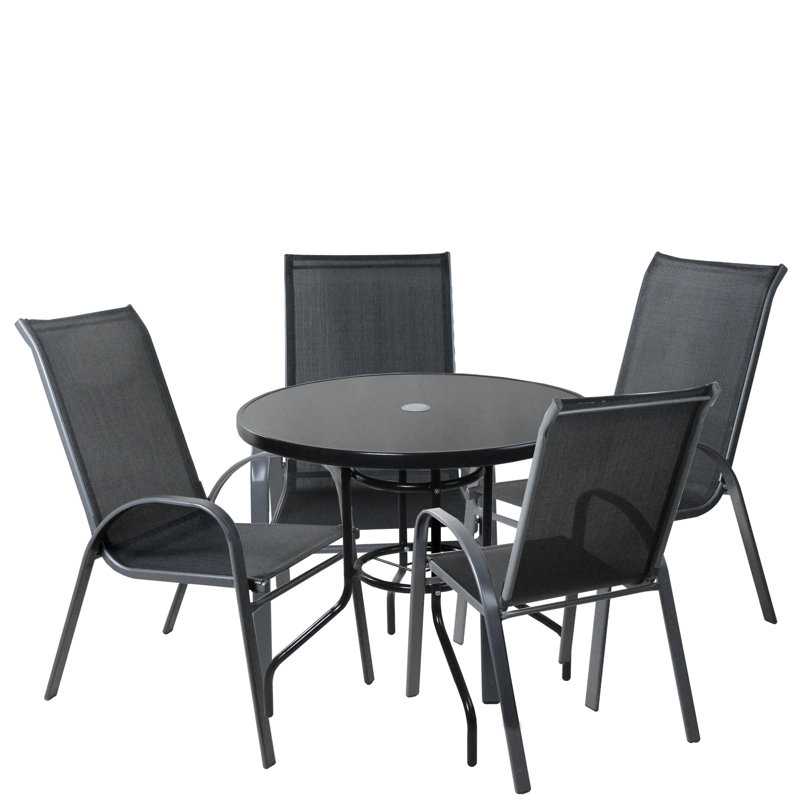 Ensemble de salle à manger d'extérieur en polyester et polyester enduit de PVC gris et noir 5 pièces 39,25 po