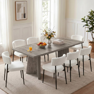 9-Piece Rectangular Dining Table Set, Extendable Dining Table With 8 Upholstered White Dining Chairs, Modern Minimalist Dinette Set For Kitchen Dining Room