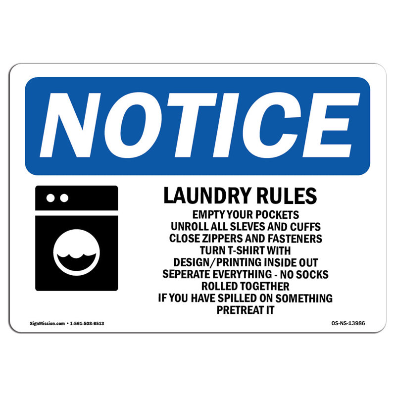 Blanchisserie, règles «Videz vos poches», panneau en aluminium 12 x 18