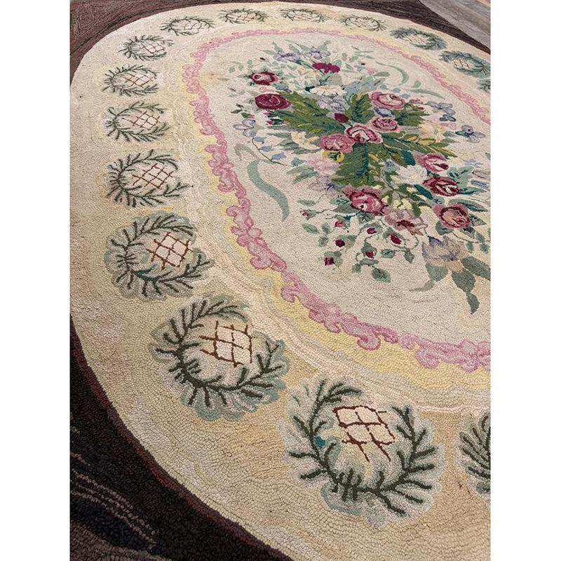 1880s Traditional Beige Antique Roses Folk Art American Hooked Knotted Wool Rug