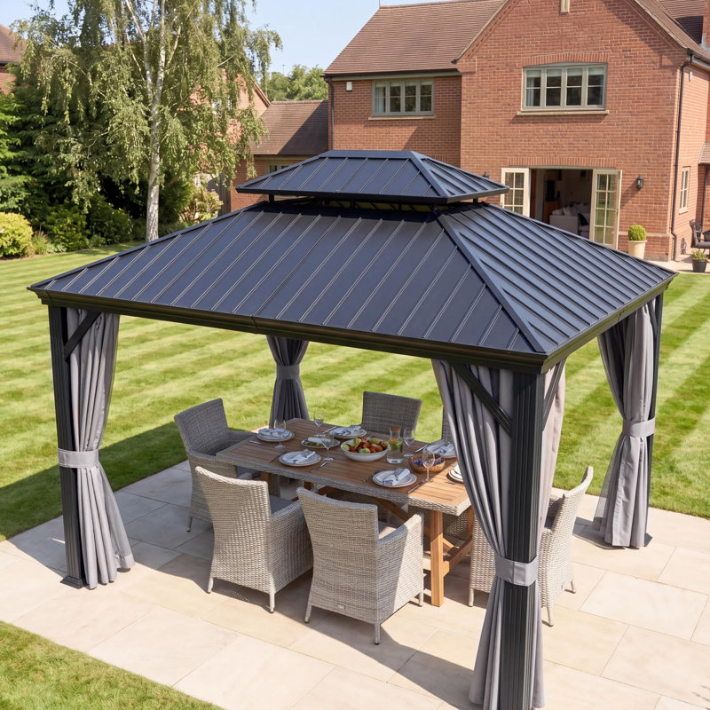 GRDN living Haven Pro 3.6m x 3m Aluminium Hardtop Gazebo with Double Metal Roof in Black with Curtains, 3.6m x 3m