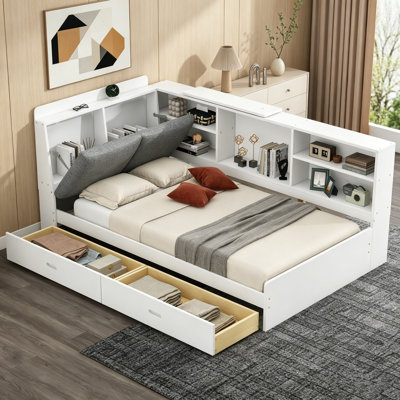 Lit plateforme avec tête de rangement, bibliothèque intégrée et 2 tiroirs, cadre de lit en bois avec dossier rembourré et lit escamotable, lit plateforme tapissier, cadre de lit multifonctionnel, lit robuste sans sommier, pour chambre à coucher, gris et Blanc