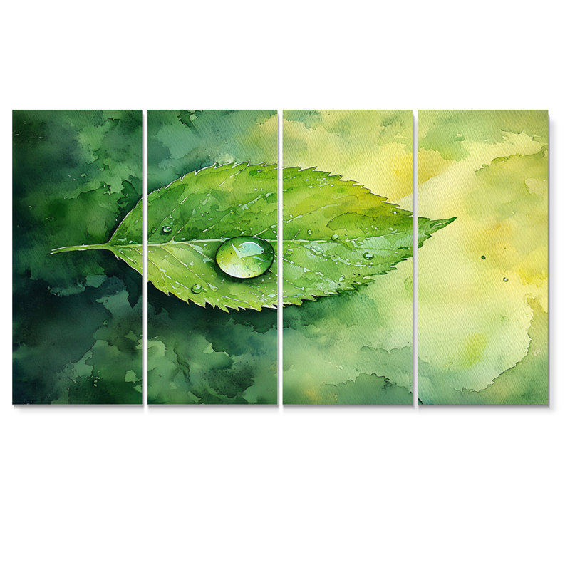 «Green Water Droplet On Lea II» - Art mural sur toile - Art mural traditionnel sur toile, 4, H 28 po x l 48 po