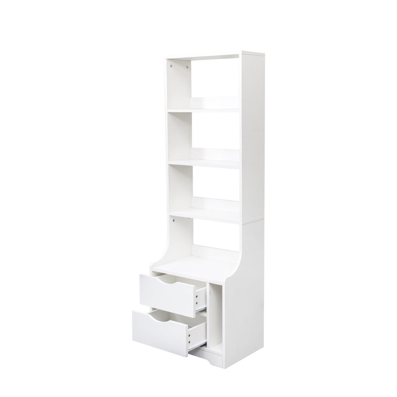 Nightstand with Bookshelf and 2 Drawers, Bedside Table with Storage Shelves for Bedroom and Living Room, White