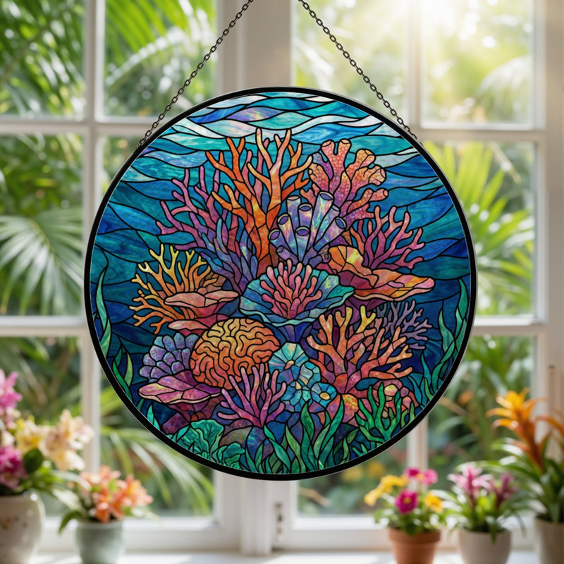 Panneau de vitrail 12 po H Coral Reef, H 12 po x l 12 po