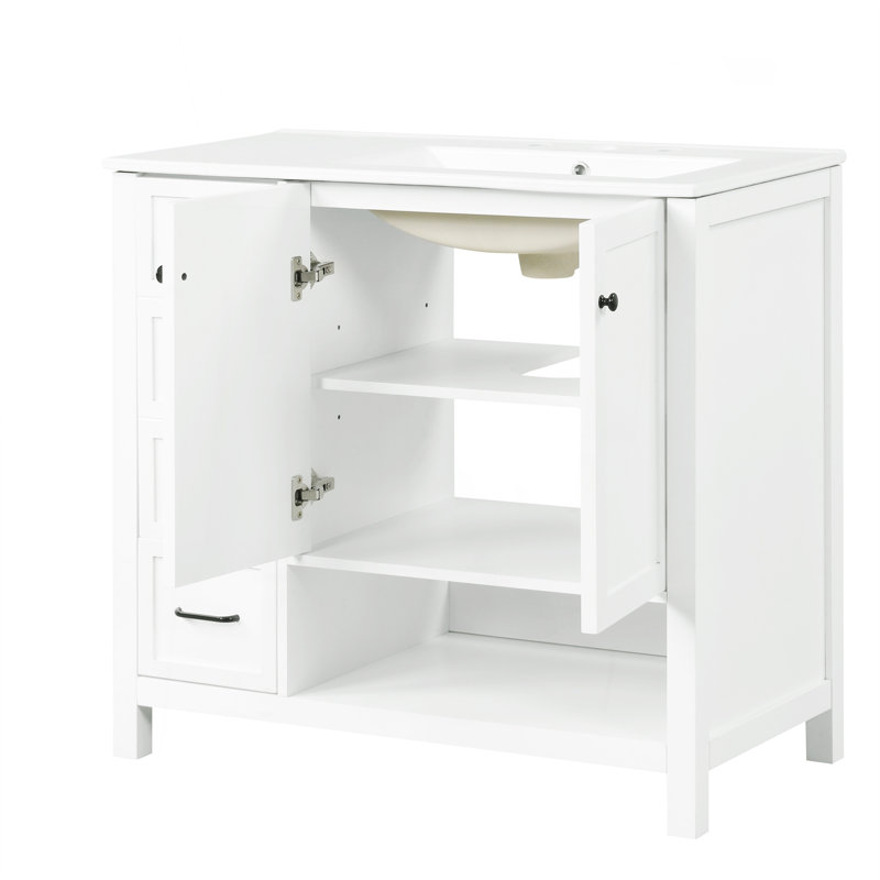 Meuble-lavabo 36 po avec comptoir d'évier, meuble-lavabo avec deux portes et deux tiroirs, bois massif, tablette ouverte, panneaux de fibres à densité moyenne, un paquet, blanc