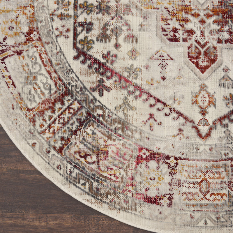 Tapis oriental en polypropylène ivoire / rouge / gris Asuna Kira, Rond 6 pi