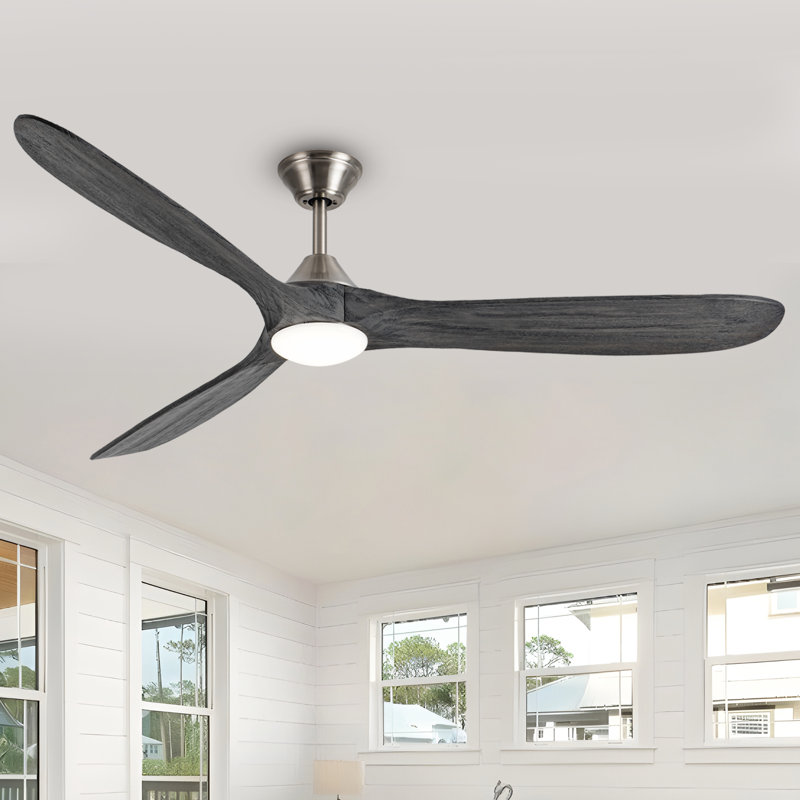 3 Blade Gray Solid Wood Ceiling Fan With Light And Remote Control, 70" Wide