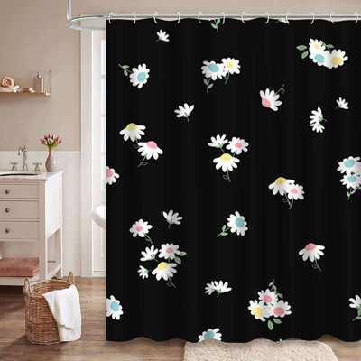 Rideau de douche imperméable à motif floral noir et blanc avec 12 crochets