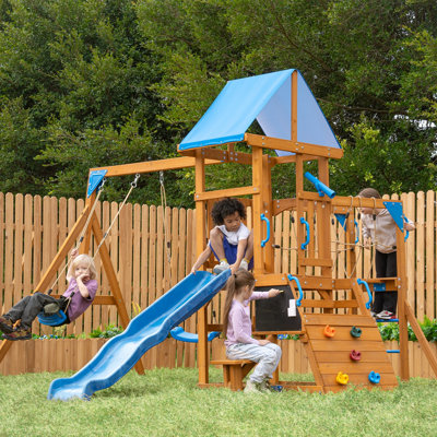 Dolphin Playground Premium Cedar Wooden Swing Set – Backyard Playset with 2 Swings, Wave Slide, Plank Bridge, Chalkboard & Climbing Wall, Kids Ages 3-10