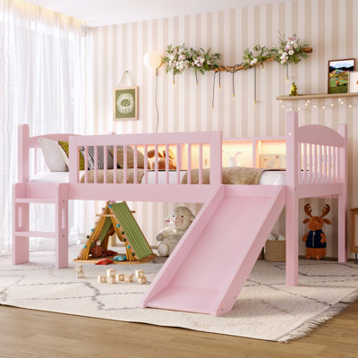 Twin Loft Bed with Storage Shelves, Solid Wood Lower Loft Bed with LED Lights and Full-length Guardrails, No Box Spring Needed, Pink