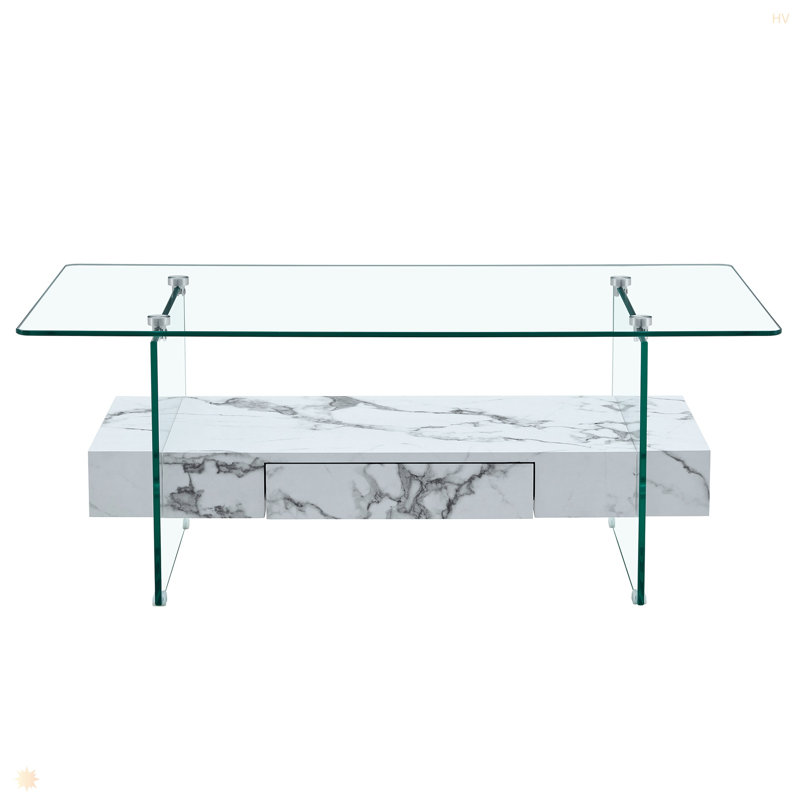 Table basse moderne à deux niveaux - verre trempé transparent et texture de marbre blanc, design de rangement multifonctionnel