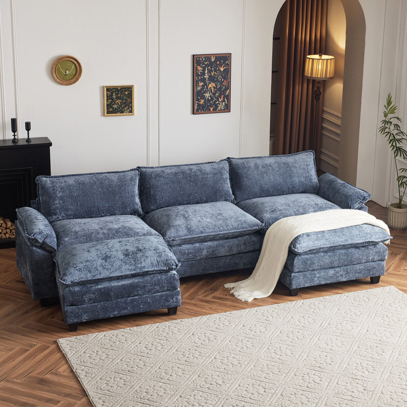 Canapé modulaire à 3 places avec 2 repose-pieds Latitude Run®, Chenille gris / bleu