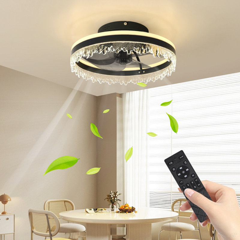 Modern LED Ceiling Fan With Light – 16'' Dimmable Ceiling Light With Invisible Blades And Crystal Design, Remote Control & Adjustable Color Temperature, Quiet Fan For Bedroom, Living Room,Black