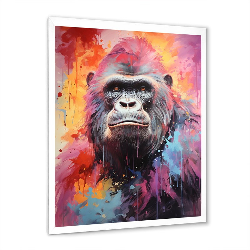 " Pink Black Popart Gorilla ", 32" H x 24" W x 1" D, White Single Picture Framed