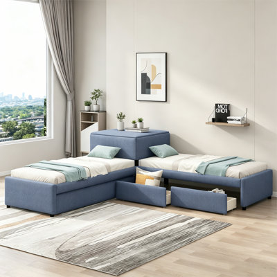 L-shaped Upholstered Platform Bed with Trundle and Two Drawers