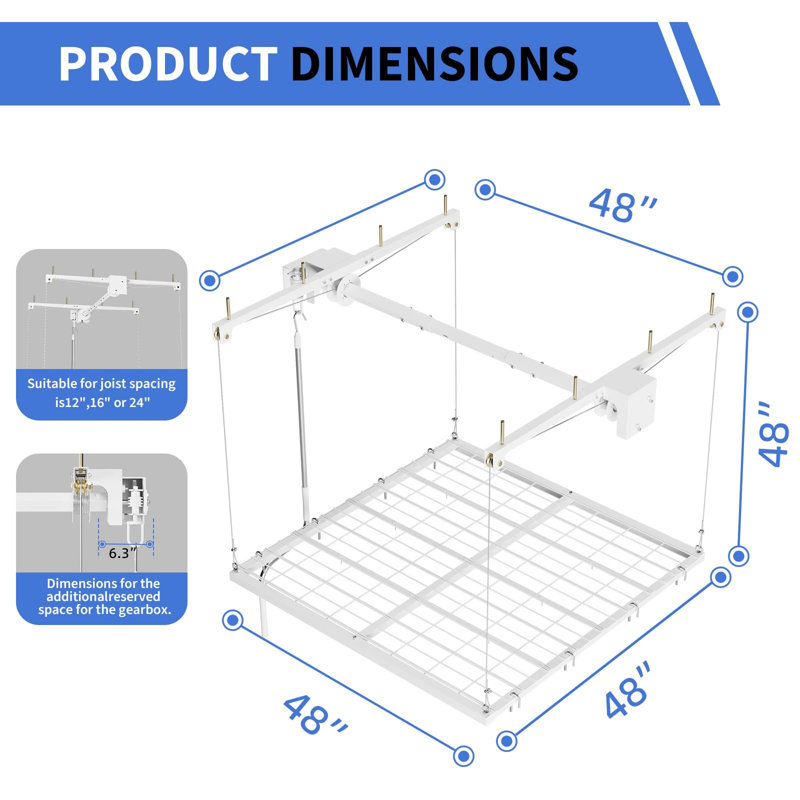 Overhead Garage Storage Lift Rack 4 x 4 Ft Heavy Duty Steel Ceiling Mounted Rack with Hand Crank 350 lb Capacity Easy Installation