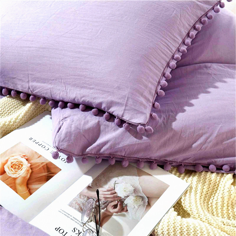 Boho Lavender Pom Fringe Pillow Shams - Set of 2, Cute Ball Trimmed Pillowcases - 20x26 Inch Standard Size - Light Purple Decor