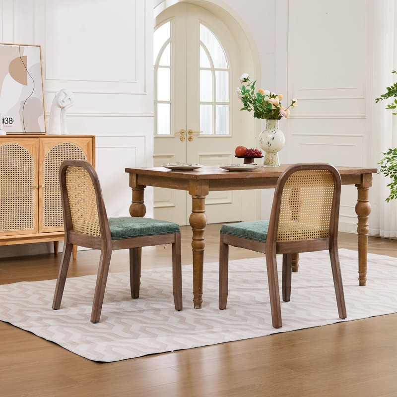 Havenly Upholstered Wood Dining Chairs with Curved Arched Cane Back Support, Olive Green+Brown