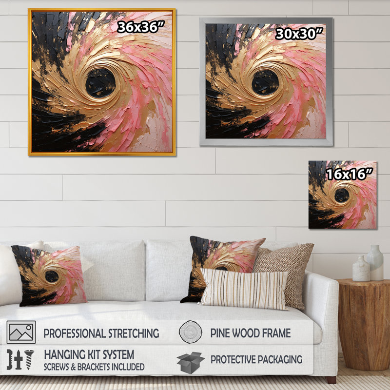 Minimalism Vortex Pink Poteries - Abstract Spirals Canvas Wall Art, Black Floater Framed, 16" H x 16" W x 1" D