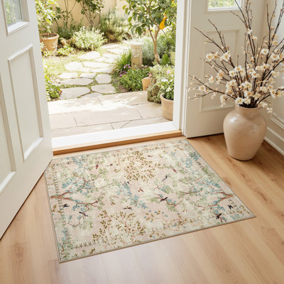 Floral Rug Botanical Birds Print Nature Plants Washable Non-slip