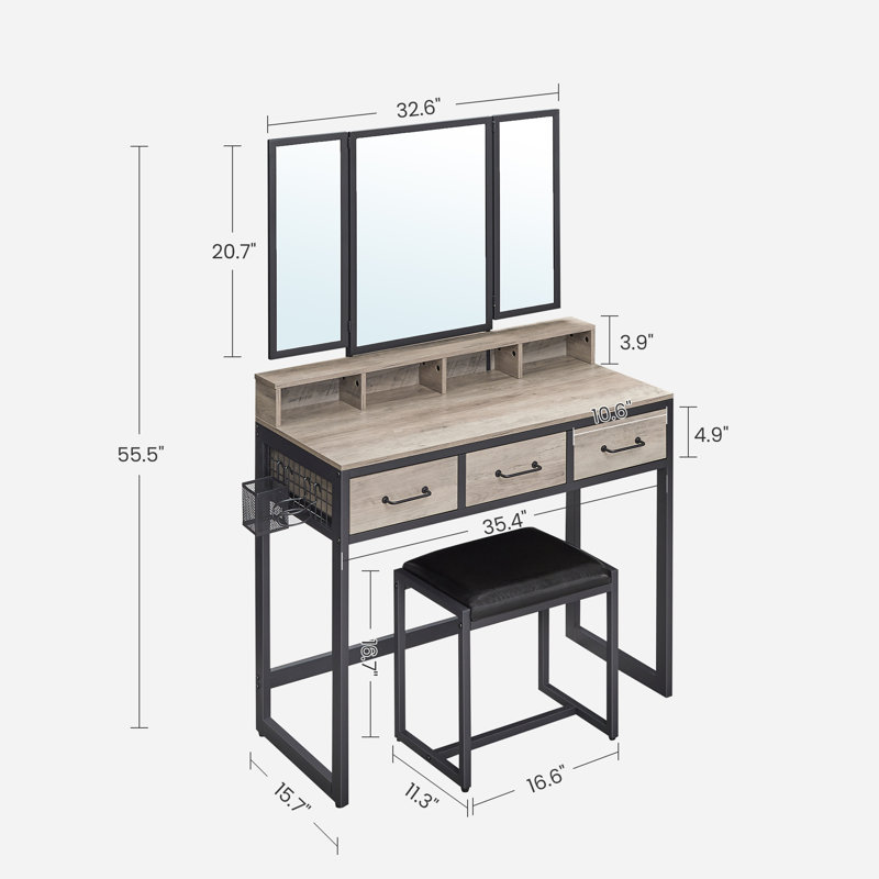 Ensemble coiffeuse avec tabouret et miroir Haimes, Greige / noir