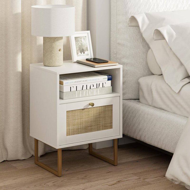 White Rattan Nightstand (Modern Boho Farmhouse Wood Bedside Table With Storage Drawer & Open Shelf, Small Gold Frame Side End Table For Bedroom/Living Room/Office)