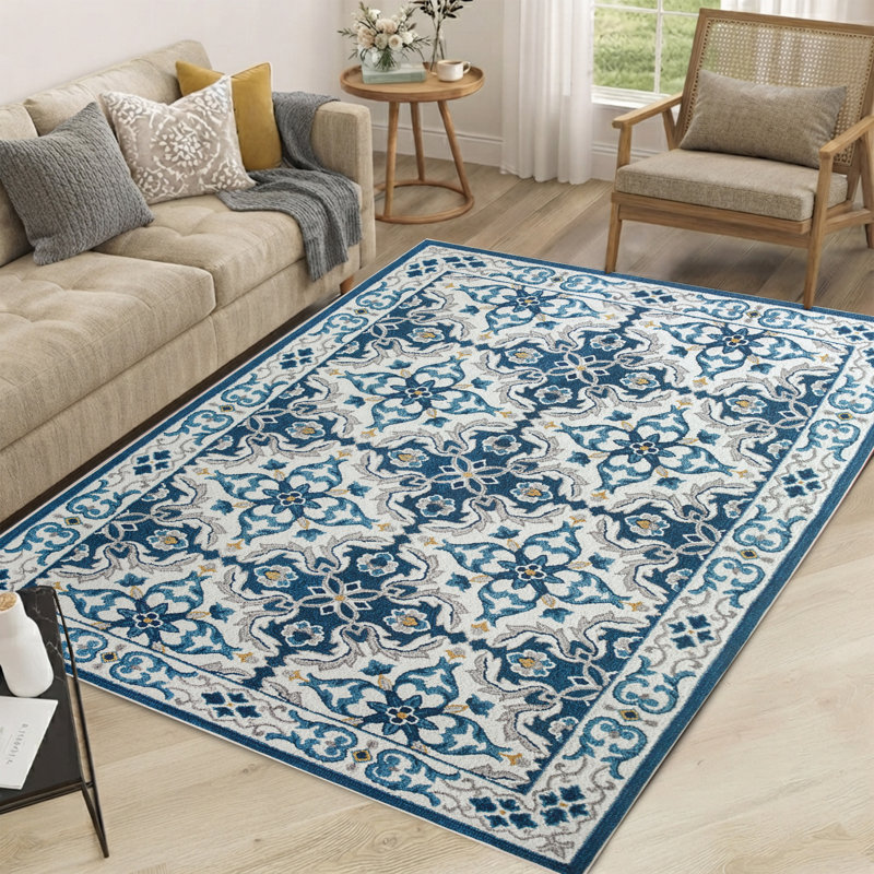 LUNA Machine Tufted Area Rug – Navy Blue & Ivory Mediterranean Pattern, Rectangle  120 x 170 cm