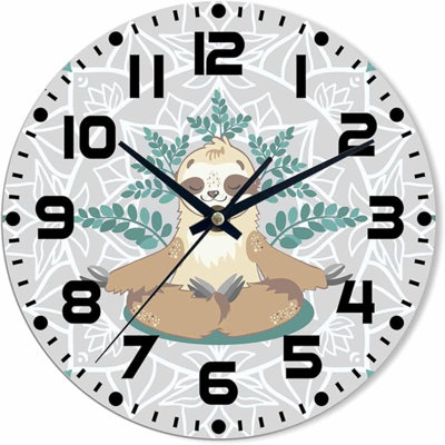 Sloth Wall Clock 10 Inch Round Practicing Yoga Under The Tree Silent Non Ticking Wood Wall Clocks Battery Operated Easy To Read Decorative Wall Clock For Bedroom Kitchen Living Room Bathroom