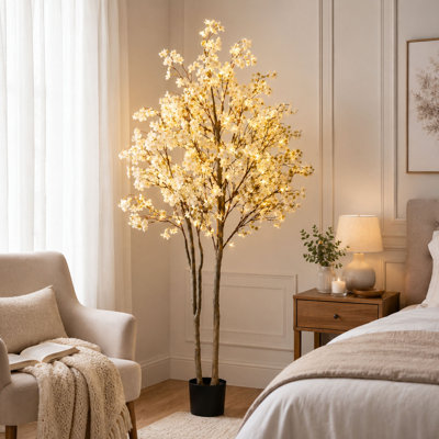 6 Ft Artificial Cherry Blossom Tree with LED Lights and White Flowers