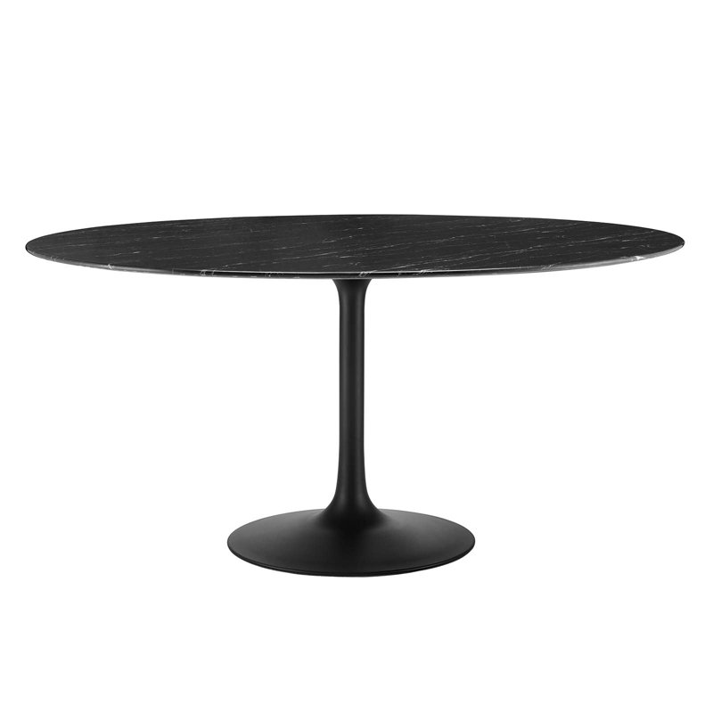 Black Round Marble Pedestal Dining Table for Six