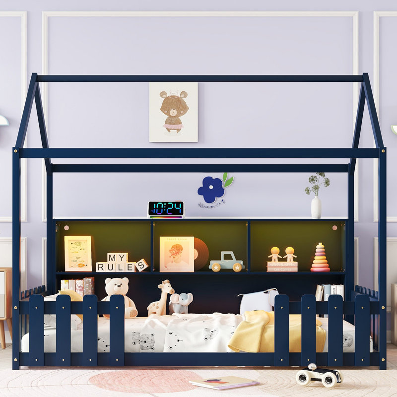 Lit simple avec lumière DEL, lit maison en bois avec bibliothèque de rangement, lit maison au sol avec garde-corps, Bleu