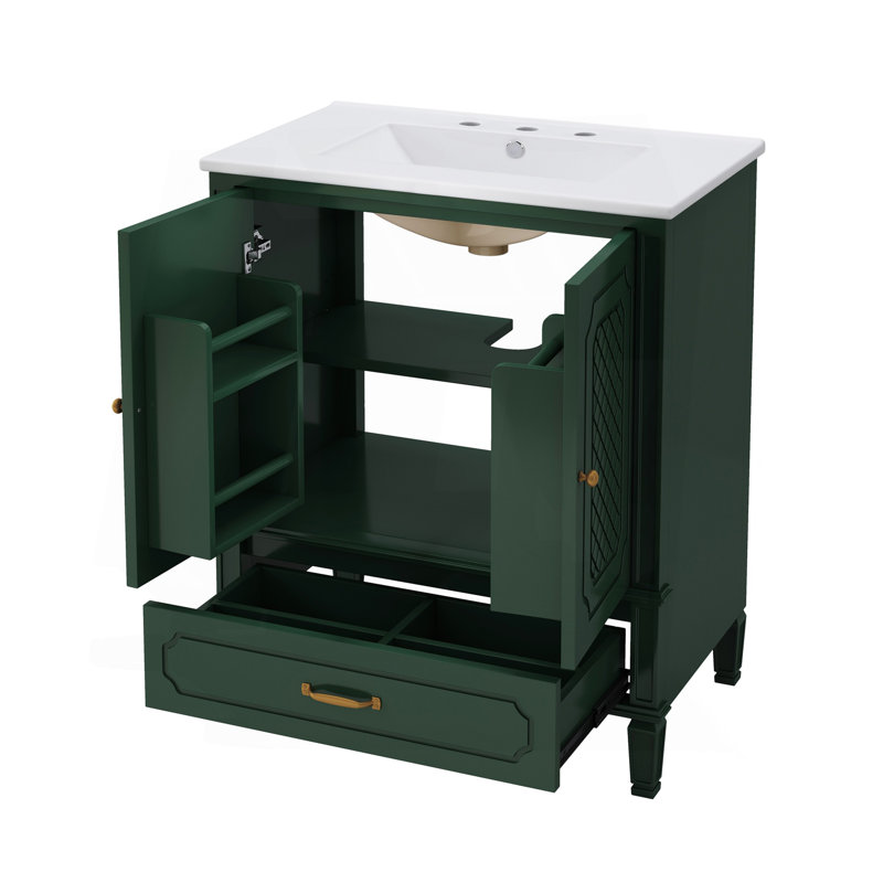 Meuble-lavabo 30 po avec lavabo style rétro, espace de rangement multifonctionnel, tablette de porte, porte à fermeture douce, vert