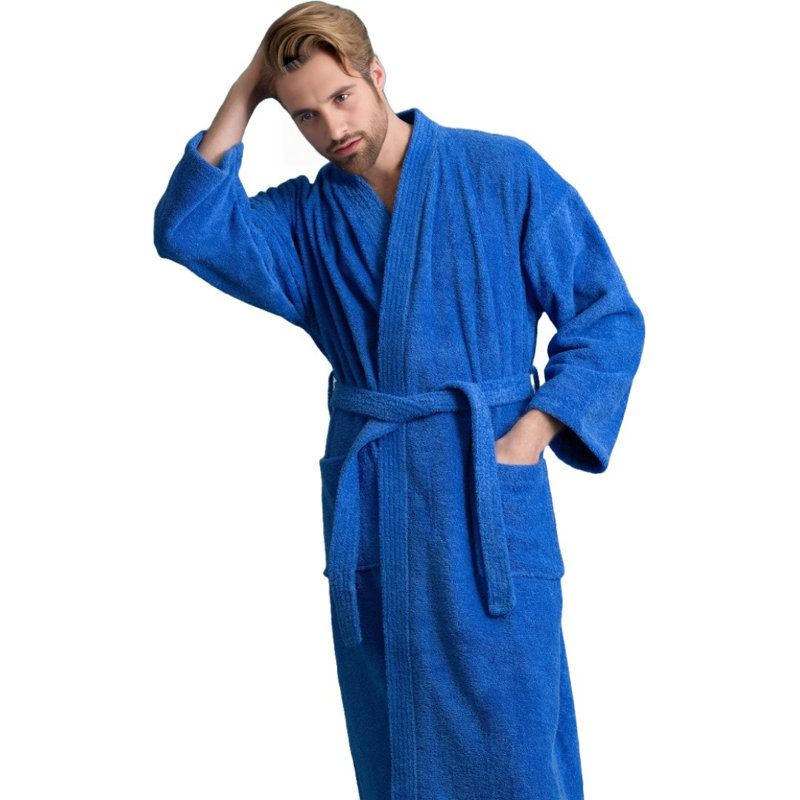 Peignoir mi-mollet 100% coton avec poches Ladijah, Bleu royal