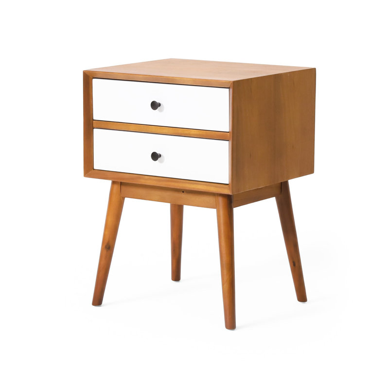 Romaro Acacia Wood Nightstand with 2 Easy-Glide Drawers, Natural/White