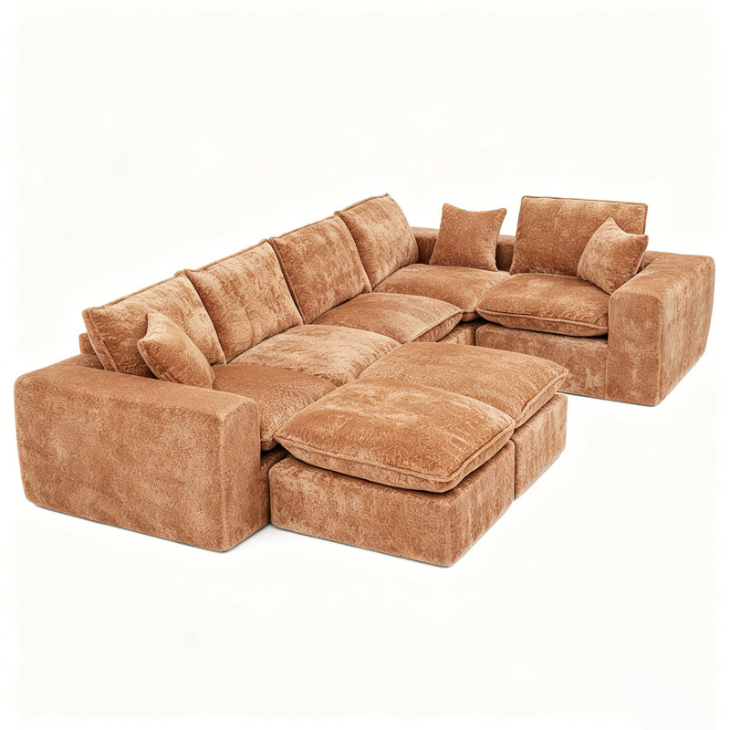 Canapé modulaire compressé en forme de L 107 po avec deux repose-pieds et coussins de salon Boucle, Orange Boucle