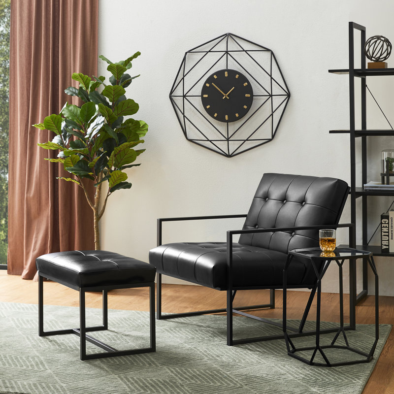 Buren Vegan Leather Armchair and Stool Set, Black
