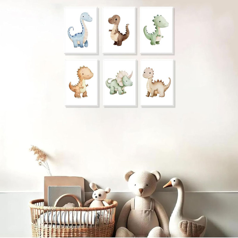 6Pcs Dinosaur Nursery Wall Art Kids Room Canvas Poster Toddler Baby Watercolor Dino Wall Decor Dinosaur Painting Prints Cute Dino Pictures for Nursery Bedroom Boy Playroom Framed