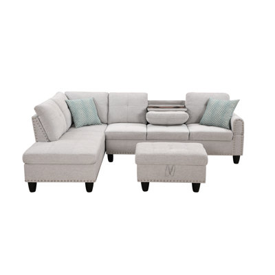 Canapé modulaire en forme de L, gris, 3 pièces pour des moments de divertissement décontractés, siège central escamotable avec deux porte-gobelets, coussins décoratifs et rangement assorti, structure en bois massif et en bois d'ingénierie, faux