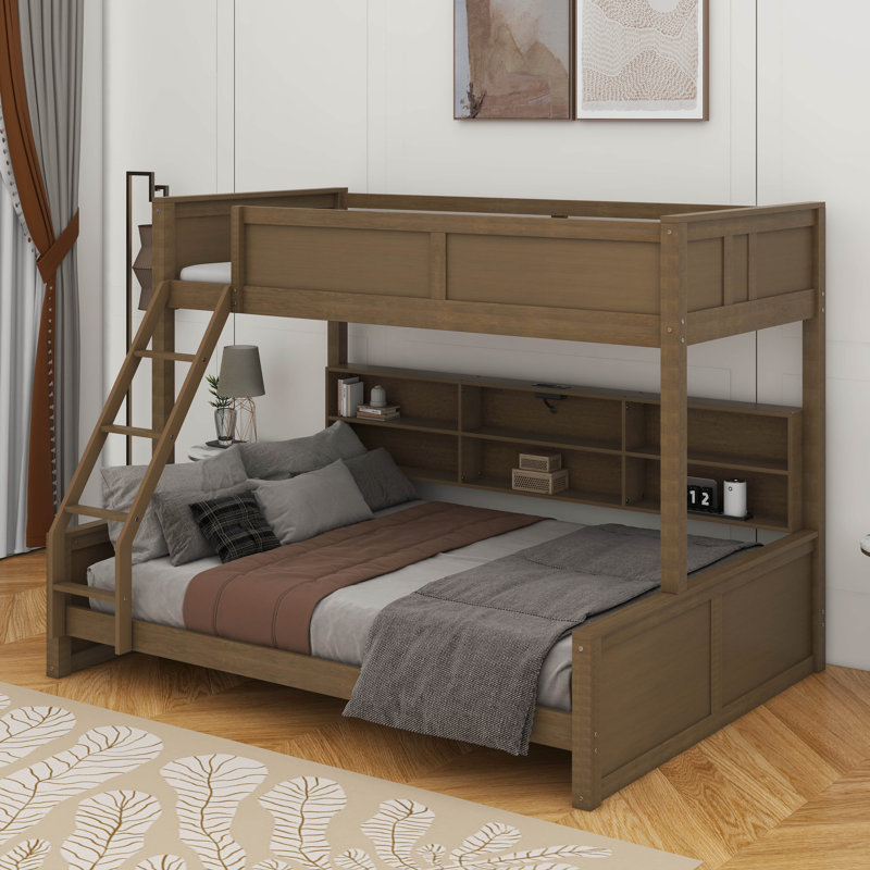 Bunk Bed With Storage Cabinets And USB, Antique Wood, Twin XL over Queen