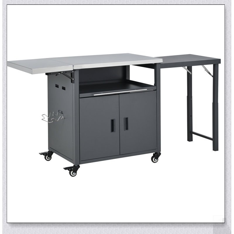 Chariot de barbecue pliable avec station de préparation pour l'extérieur avec deux plateaux de table, support à déchets et rangement
